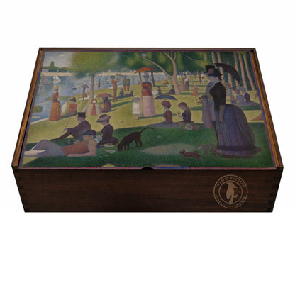 Premium wooden puzzle box featuring Seurat's A Sunday Afternoon on the cover