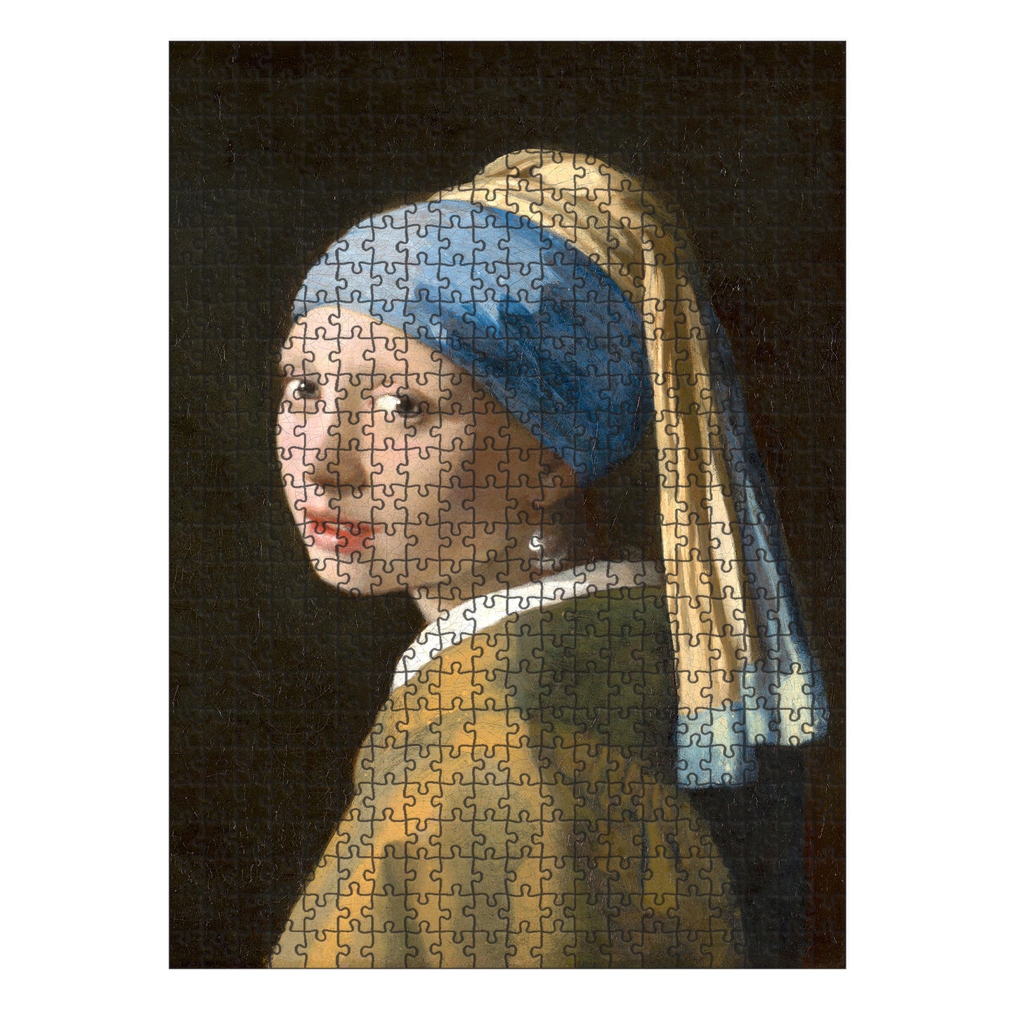 A wooden jigsaw puzzle featuring Johannes Vermeer’s Girl with a Pearl Earring, showcasing a young woman in a blue and gold turban with a luminous pearl earring, set against a dark background. A stunning, elegant art puzzle for collectors.