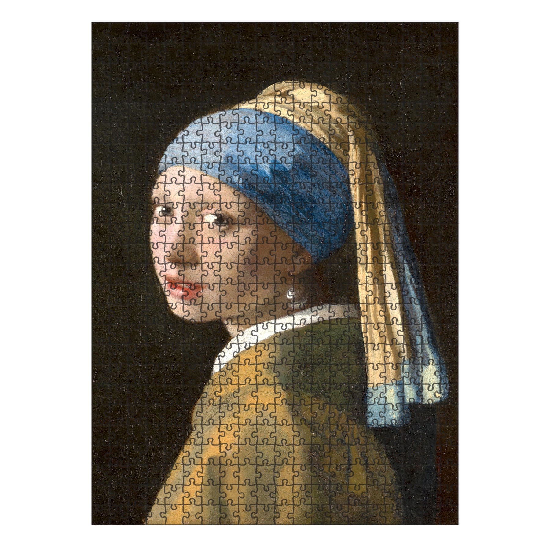 A wooden jigsaw puzzle featuring Johannes Vermeer’s Girl with a Pearl Earring, showcasing a young woman in a blue and gold turban with a luminous pearl earring, set against a dark background. A stunning, elegant art puzzle for collectors.