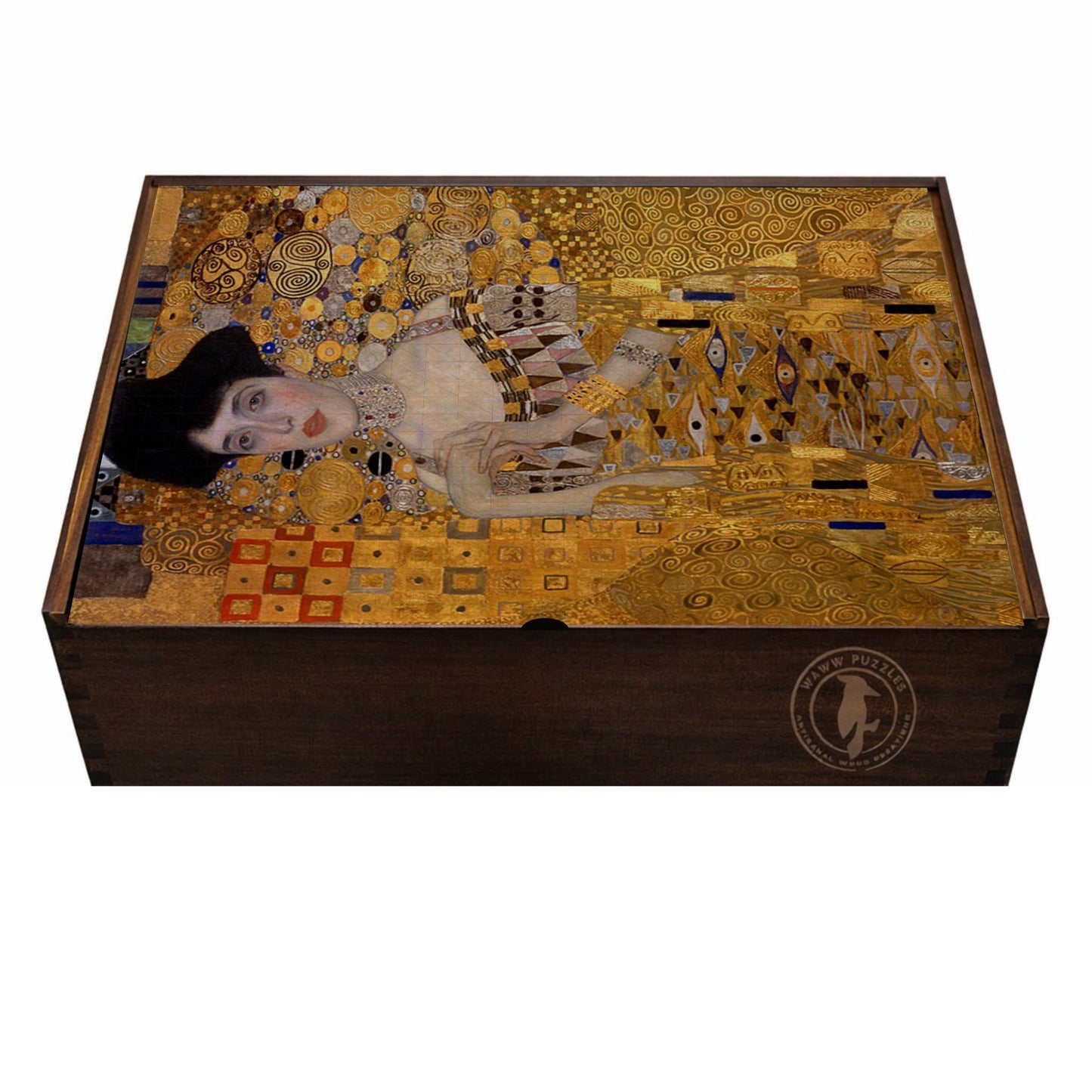 Elegant wooden puzzle box featuring Klimt's Portrait of Adele Bloch-Bauer I