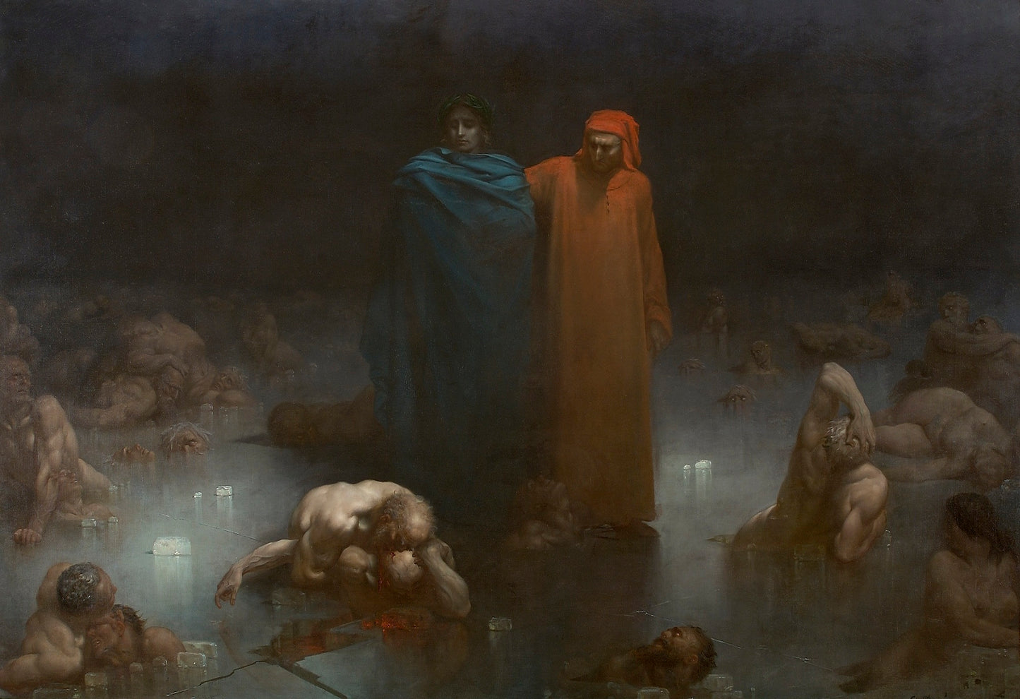 Doré's Dante and Virgil in Hell with icy landscape and dramatic figures