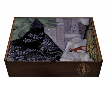 Puzzle box featuring Sterrett's Old French Fairy Tales illustration, crafted from premium wood for art lovers.