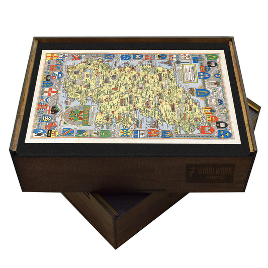 Vintage Ireland regions map puzzle. Heraldic coats of arms, colorful, detailed.