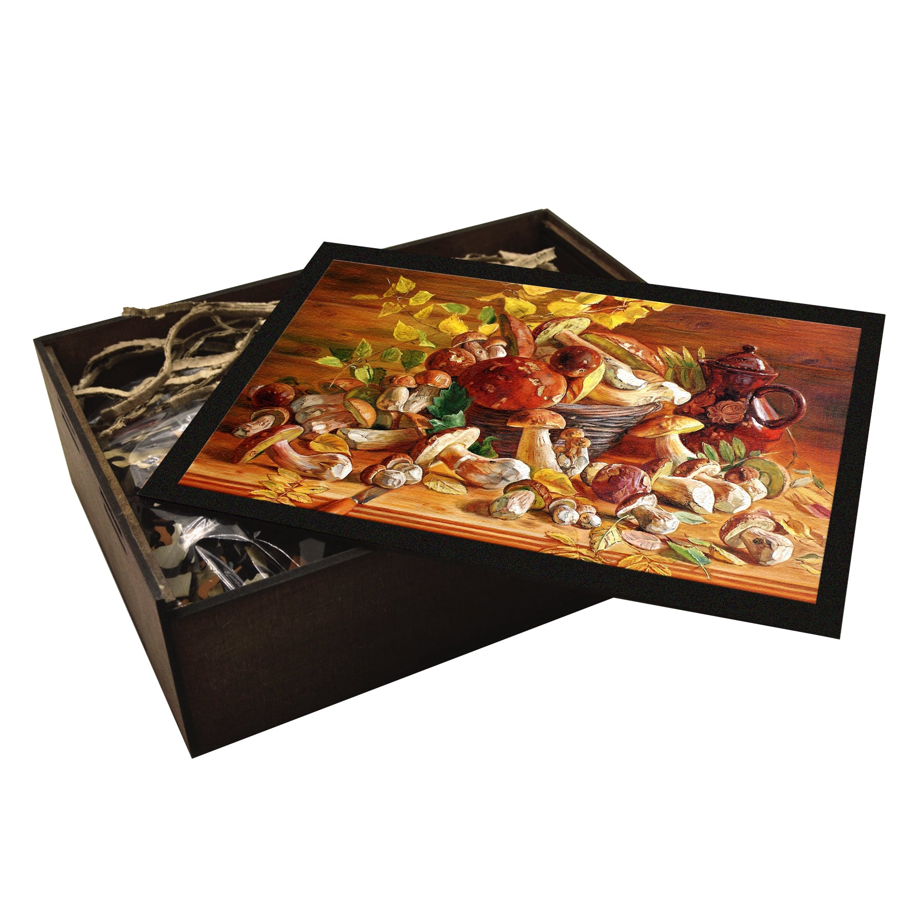 Wooden jigsaw puzzle featuring a rustic still-life painting of wild mushrooms, golden leaves, and a wooden basket, crafted with eco-friendly materials for collectors and nature lovers.