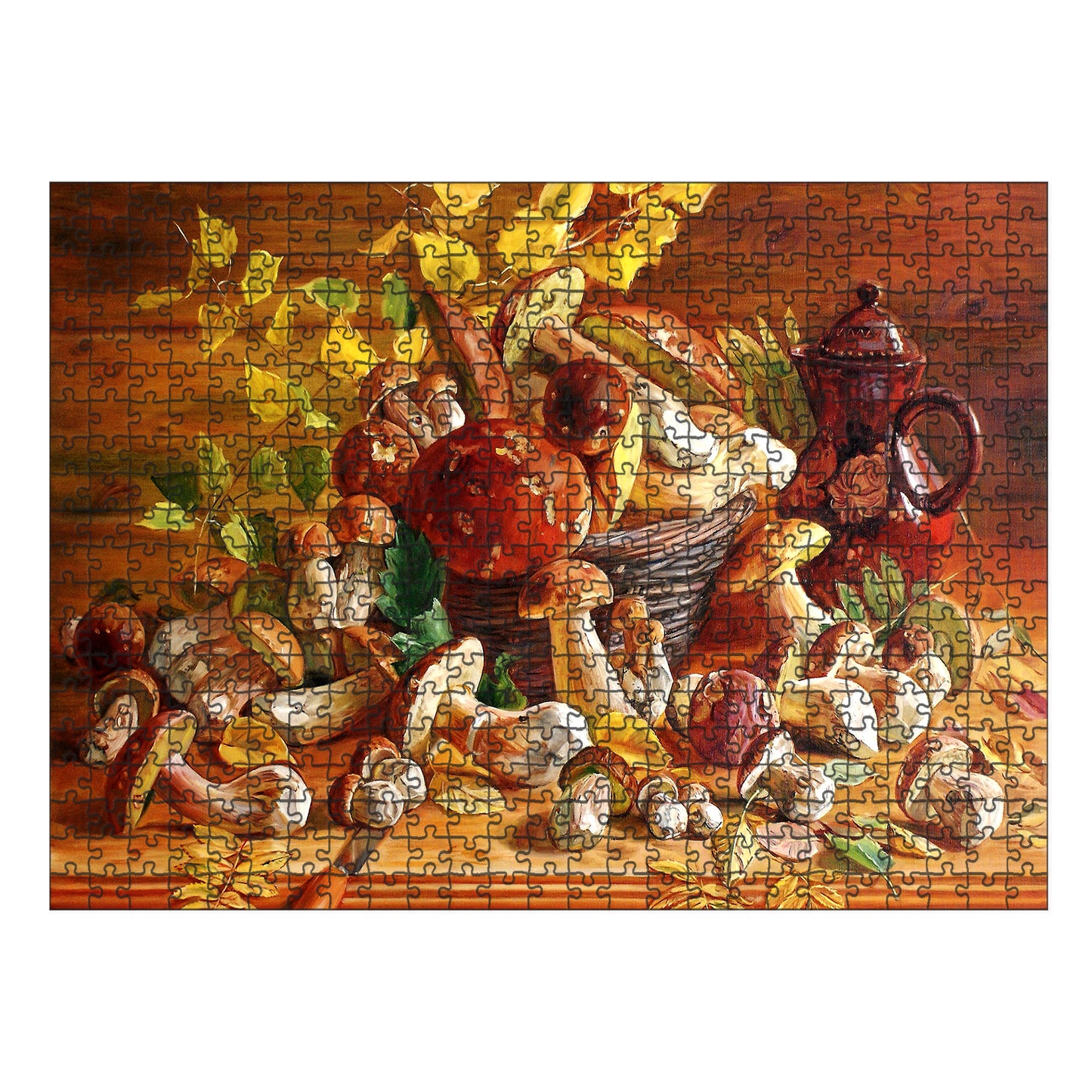 Wooden jigsaw puzzle featuring a rustic still-life painting of wild mushrooms, golden leaves, and a wooden basket, crafted with eco-friendly materials for collectors and nature lovers.