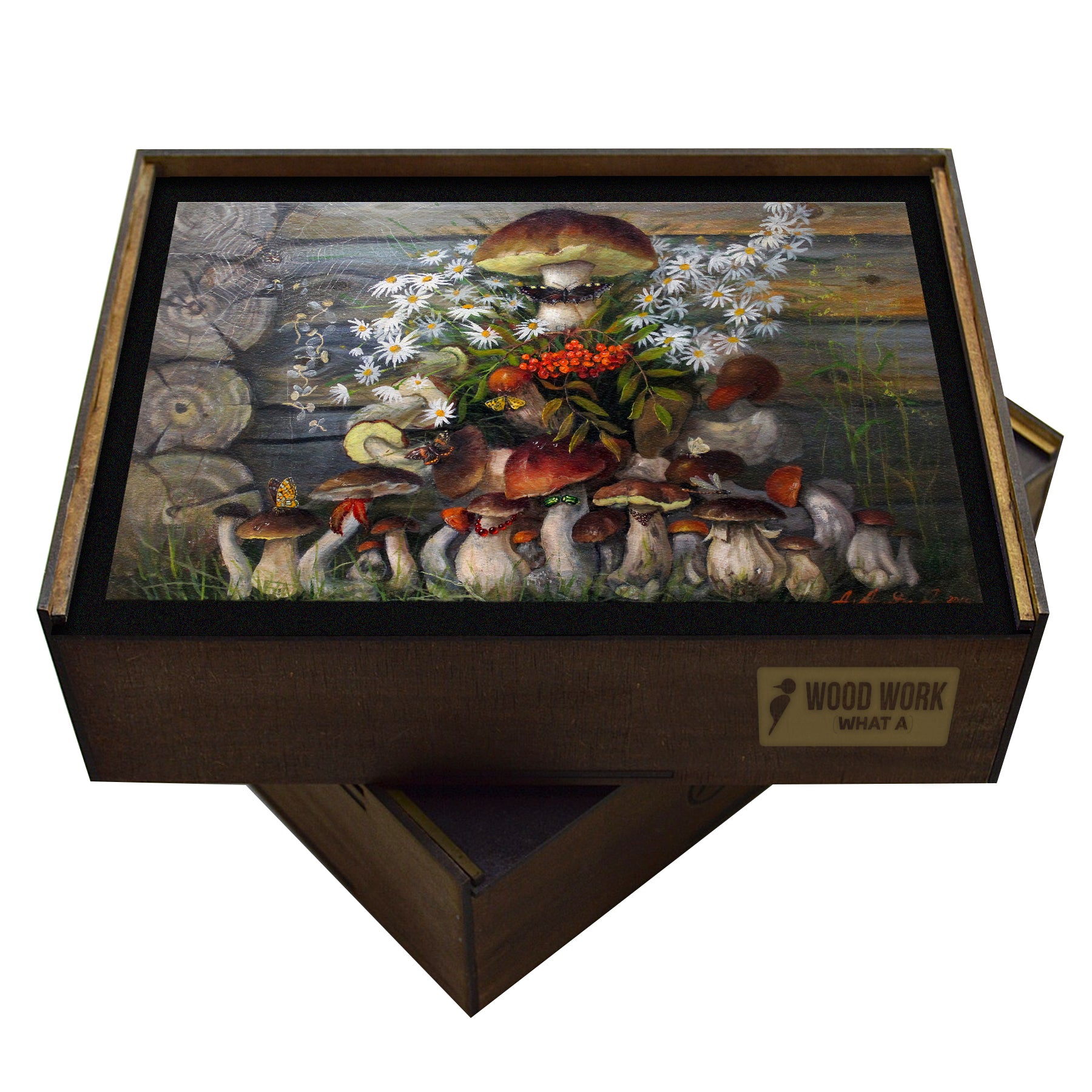 Wooden jigsaw puzzle featuring an artistic still life of mushrooms, daisies, berries, and butterflies against a rustic wooden background, crafted with eco-friendly materials for collectors and nature lovers.
