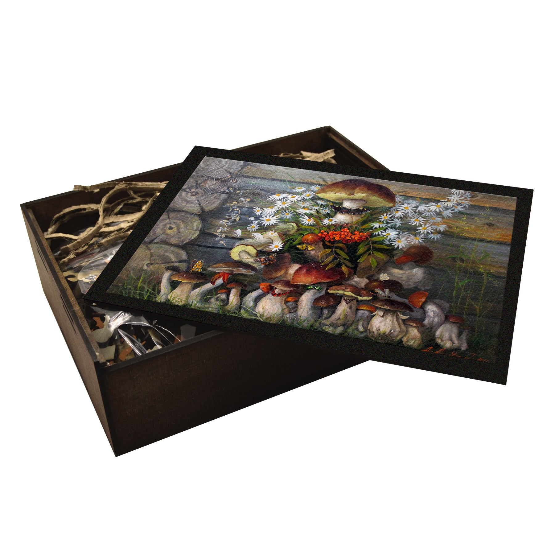 Wooden jigsaw puzzle featuring an artistic still life of mushrooms, daisies, berries, and butterflies against a rustic wooden background, crafted with eco-friendly materials for collectors and nature lovers.