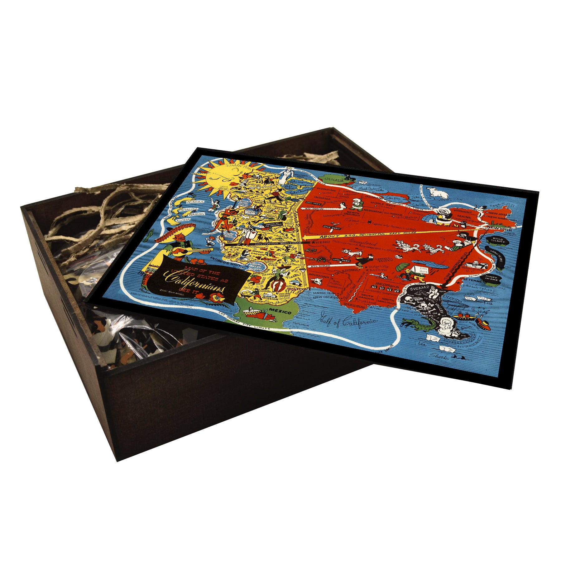 handcrafted wooden box of a vintage Map of the United States as Californians See It Wooden Puzzle - Humorous Map, 1930s - WAWW Puzzles