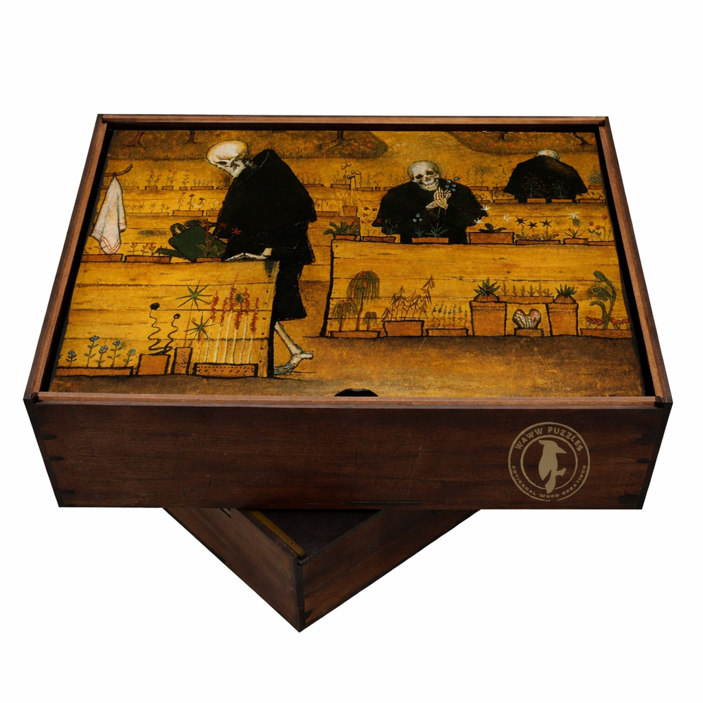 Handcrafted puzzle box featuring Hugo Simberg's The Garden of Death