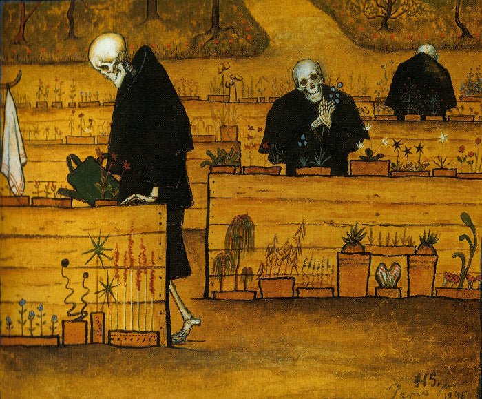 Hugo Simberg's The Garden of Death depicting skeletal figures tending plants