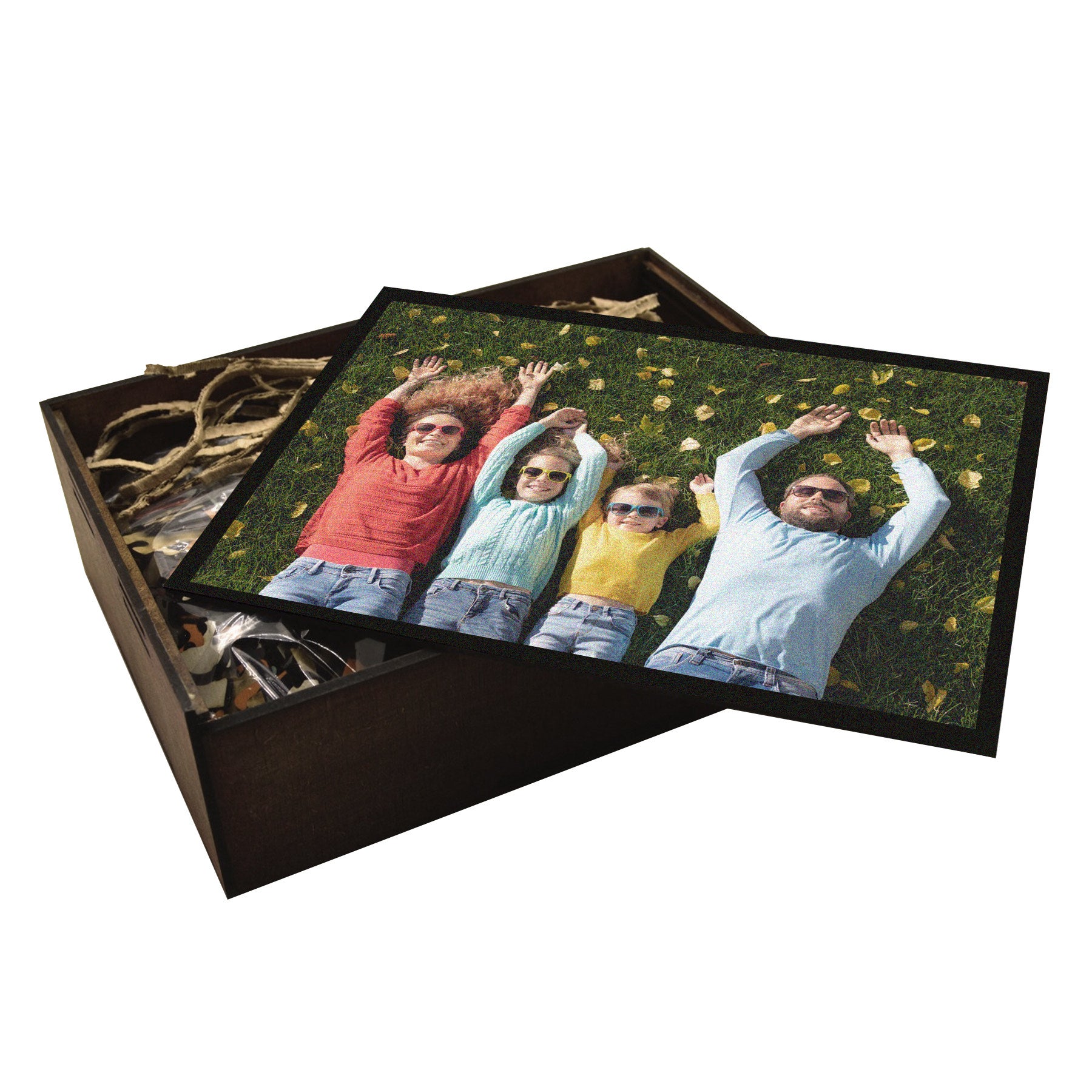 Elegant wooden puzzle box with a high-resolution printed image on the cover, containing an unassembled custom photo puzzle.