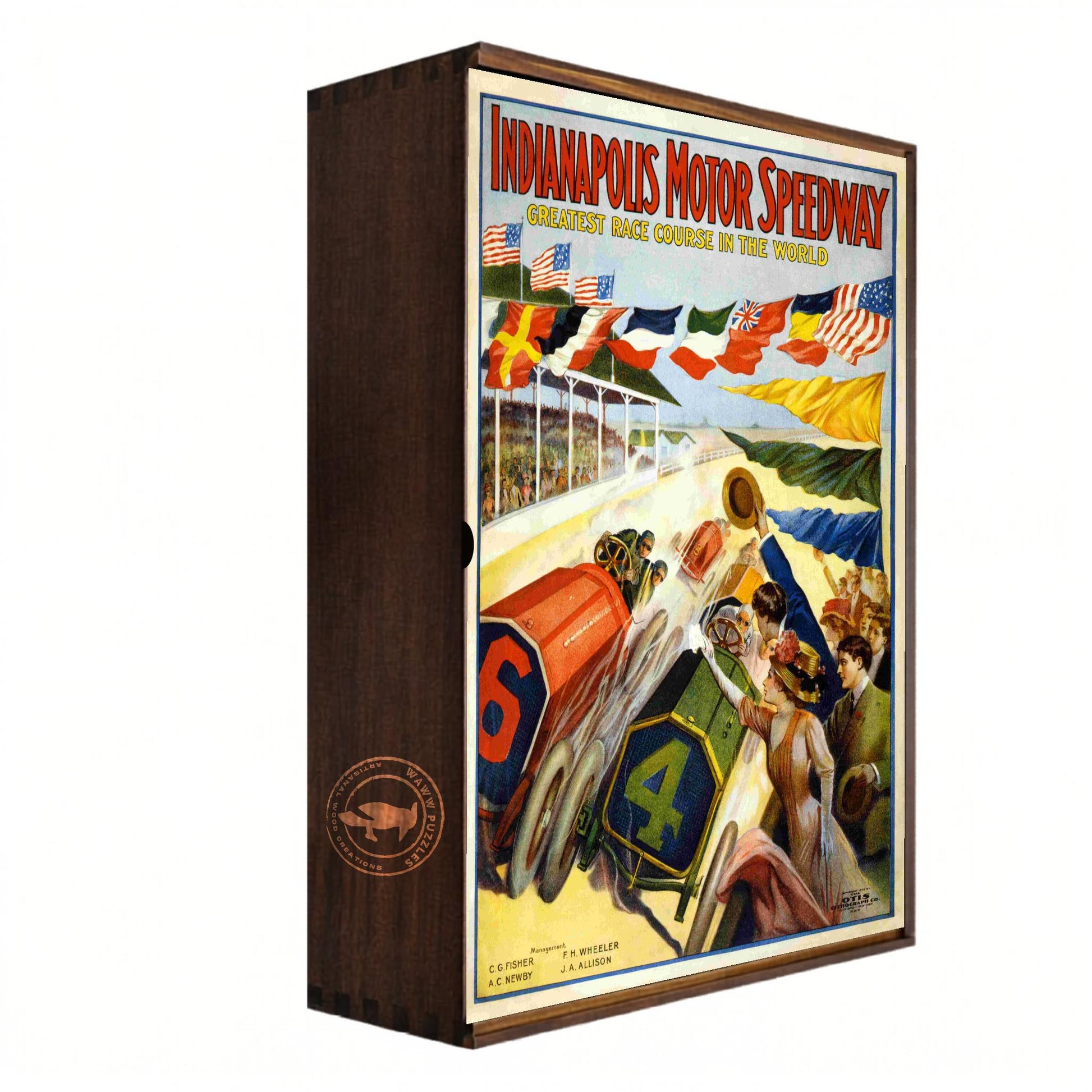Wooden box with vintage Indianapolis Motor Speedway poster design on a white background