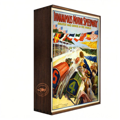 Wooden box with vintage Indianapolis Motor Speedway poster design on a white background