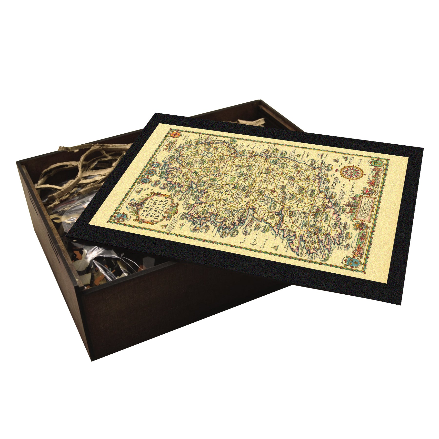 1933 Ireland map wooden puzzle. Pratts High Test, Taylor artist, vintage. Packaged in handcrafted wooden box.