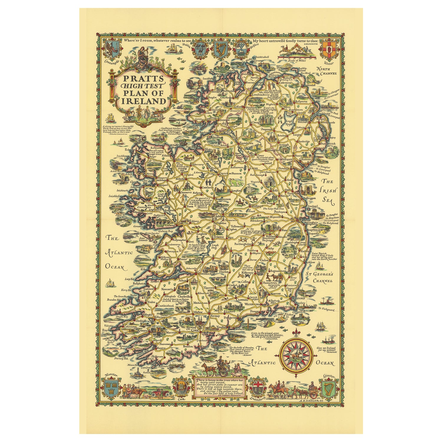 1933 Ireland map wooden puzzle. Pratts High Test, Taylor artist, vintage artwork
