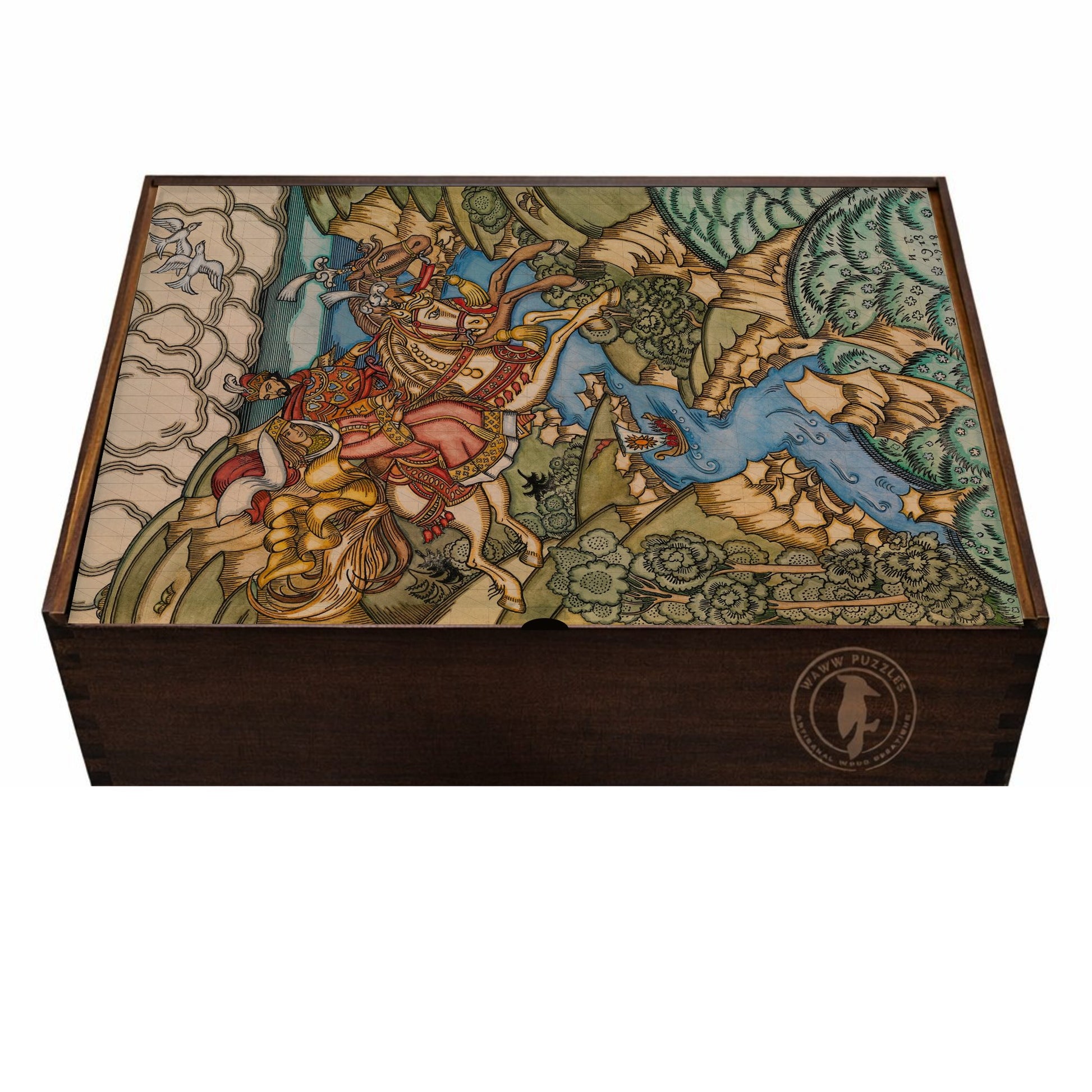 Wooden box with intricate tapestry design featuring a knight and dragon on a white background