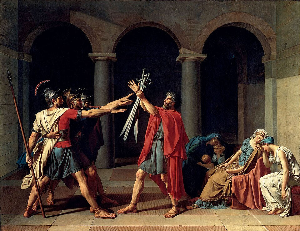 Jacques-Louis David's The Oath of the Horatii showing Roman brothers standing with swords.