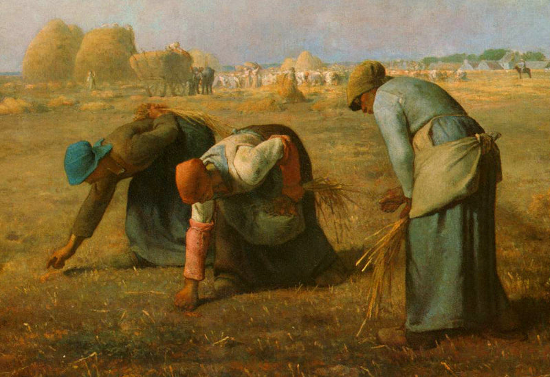 Millet's The Gleaners showcasing three women gathering wheat in a field with earthy tones.