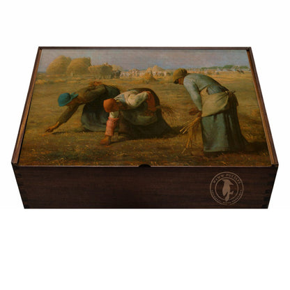 Premium puzzle box displaying Millet's The Gleaners with elegant branding design.