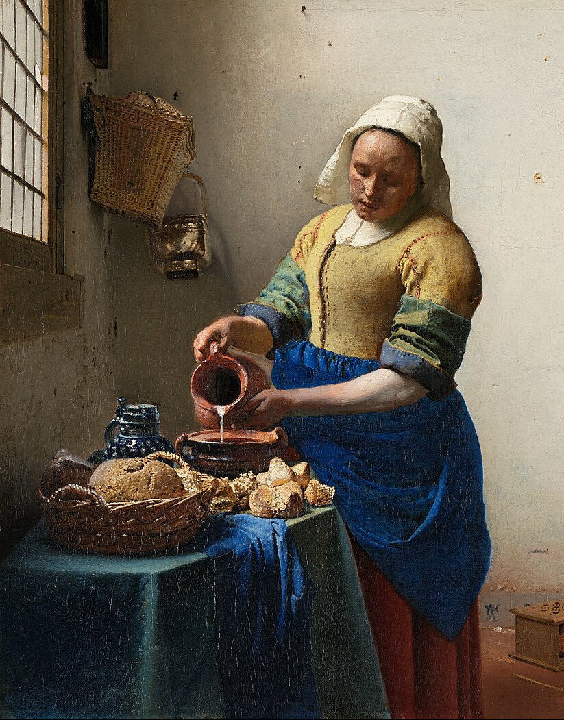 Johannes Vermeer's The Milkmaid, featuring a maid pouring milk in a serene domestic scene with rich colors.