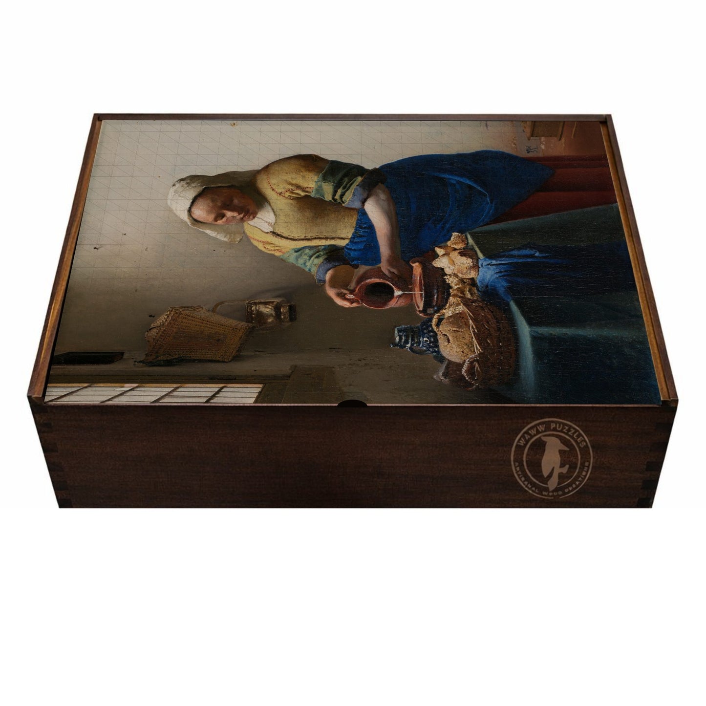 Premium wooden puzzle box featuring Johannes Vermeer's The Milkmaid artwork and detailed art description.