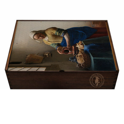 Premium wooden puzzle box featuring Johannes Vermeer's The Milkmaid artwork and detailed art description.