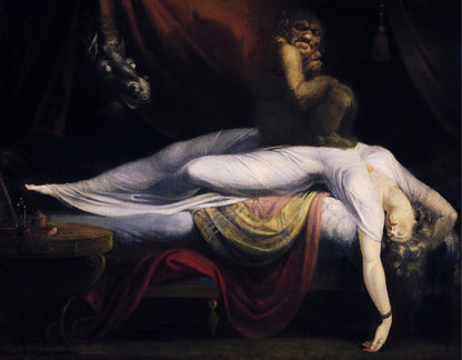 Henry Fuseli's The Nightmare featuring a woman, an incubus, and a horse in a dramatic, shadowy setting