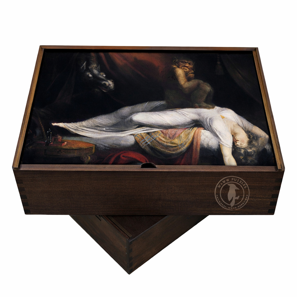 elegant wooden puzzle box with Fuseli's The Nightmare image, ready for gifting
