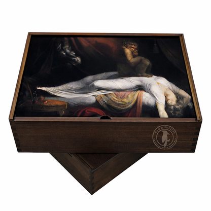 elegant wooden puzzle box with Fuseli's The Nightmare image, ready for gifting