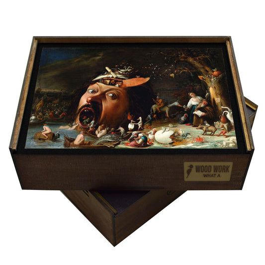 Joos van Craesbeeck’s ‘The Temptation of St. Anthony’ wooden jigsaw puzzle, featuring surreal Flemish Baroque art with grotesque and allegorical figures.