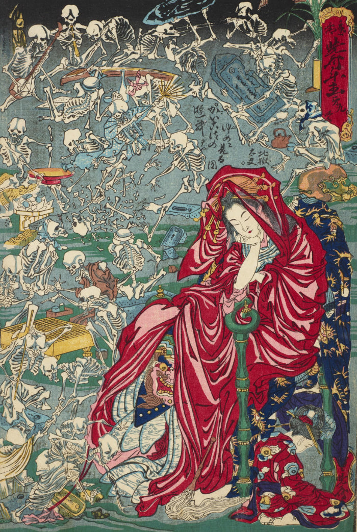 Jigoku Dayu by Kawanabe Kyosai showing a courtesan among hellish motifs with vibrant colors