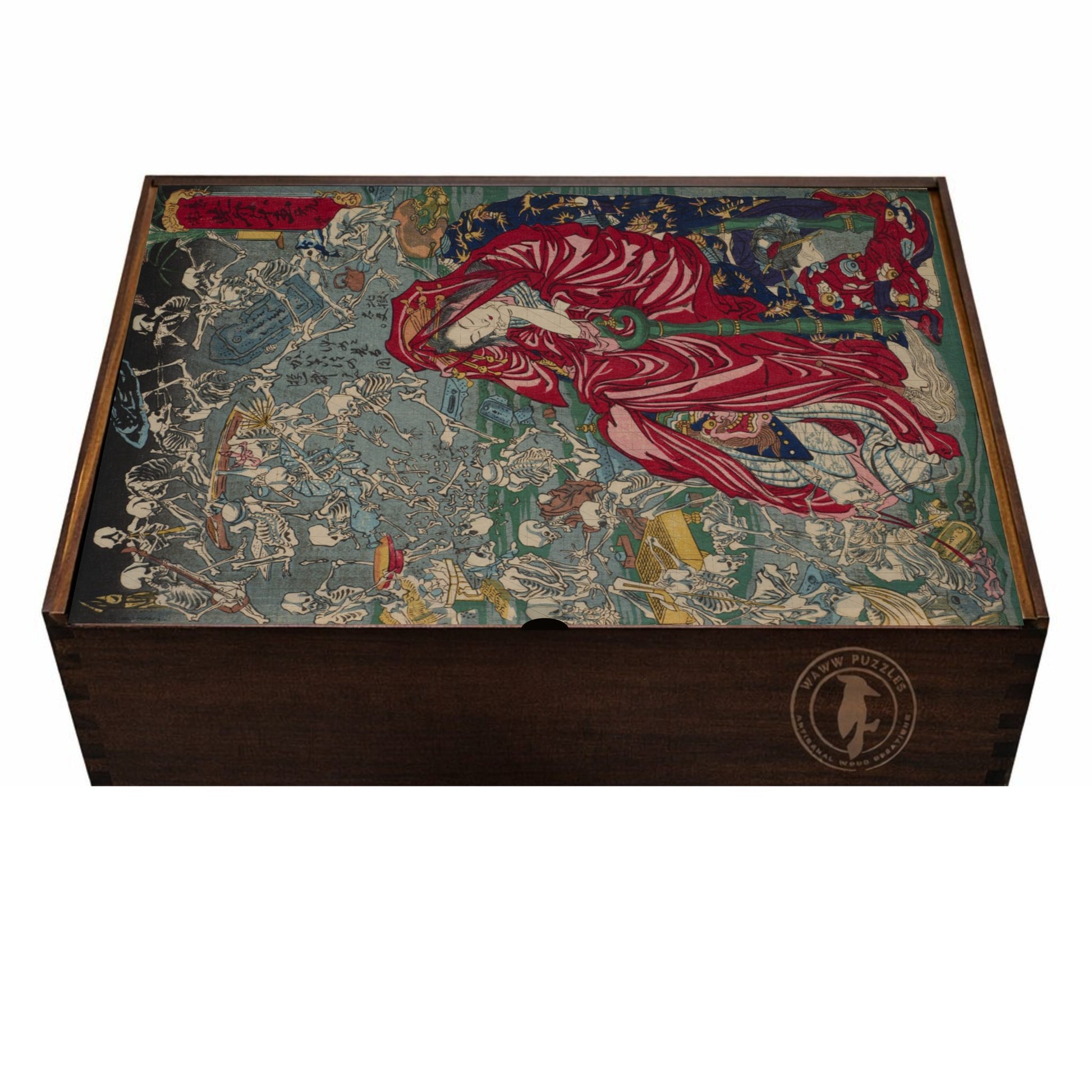 wooden jigsaw puzzle box featuring Jigoku Dayu by Kawanabe Kyosai
