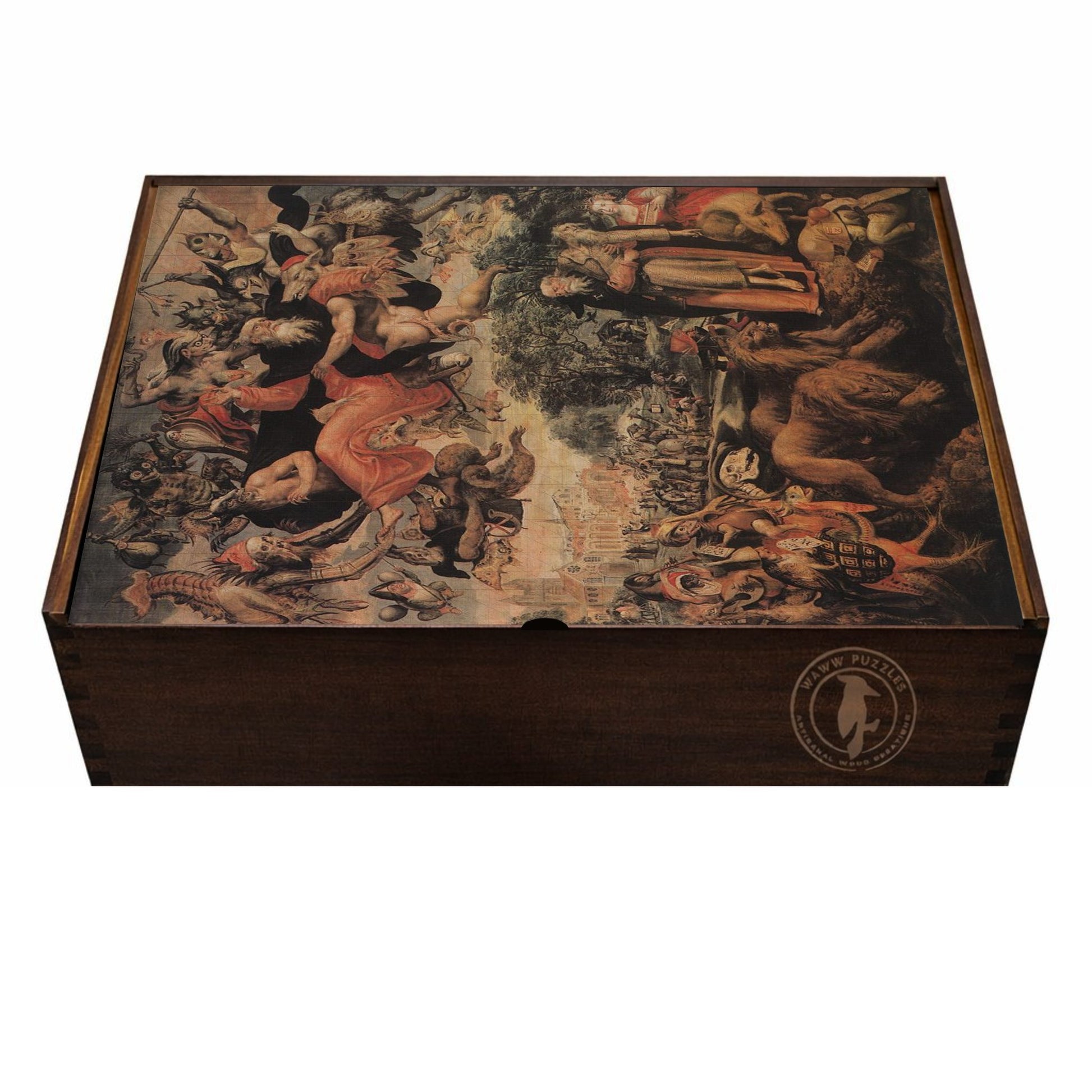 Artisanal crafted wooden puzzle box featuring Marten de Vos's The Temptation of Saint Anthony