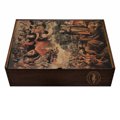 Artisanal crafted wooden puzzle box featuring Marten de Vos's The Temptation of Saint Anthony