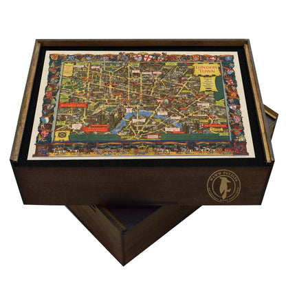  high-quality wooden jigsaw puzzle of a vintage illustrated map of London, featuring historic streets, landmarks, and decorative heraldic crests. Comes in a handmade wooden keepsake box