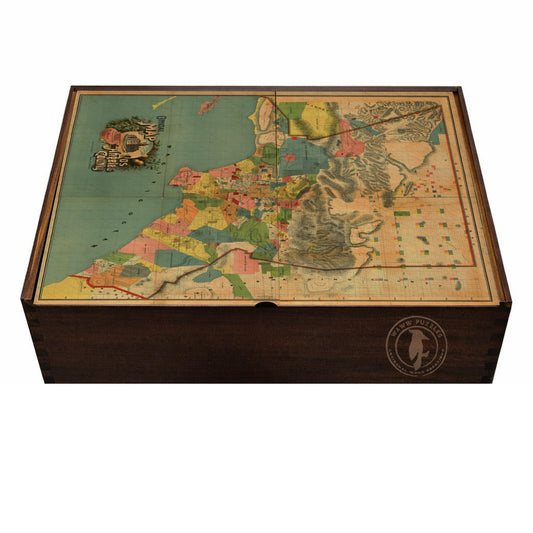 Puzzle box showcasing 1888 Los Angeles County map by H. S. Polk, premium wooden jigsaw.