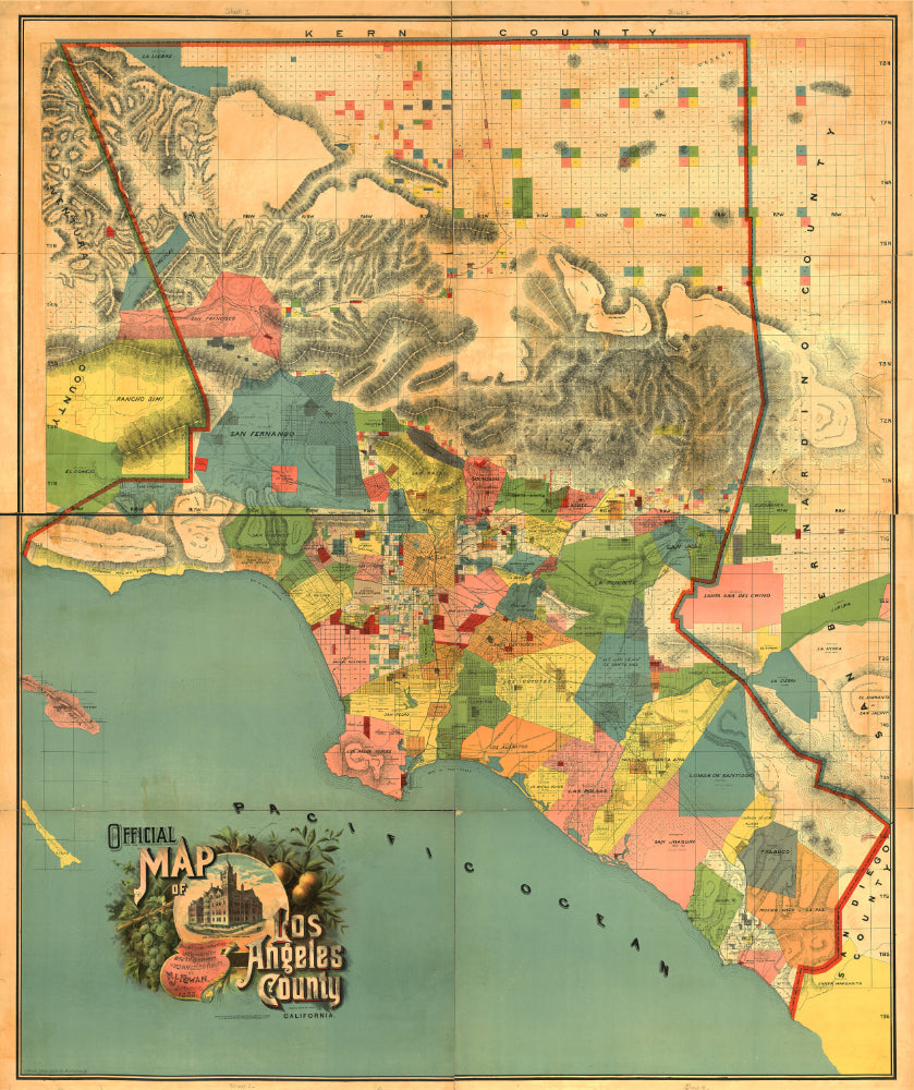 1888 map of Los Angeles County by H. S. Polk with detailed boundaries and railroad routes.