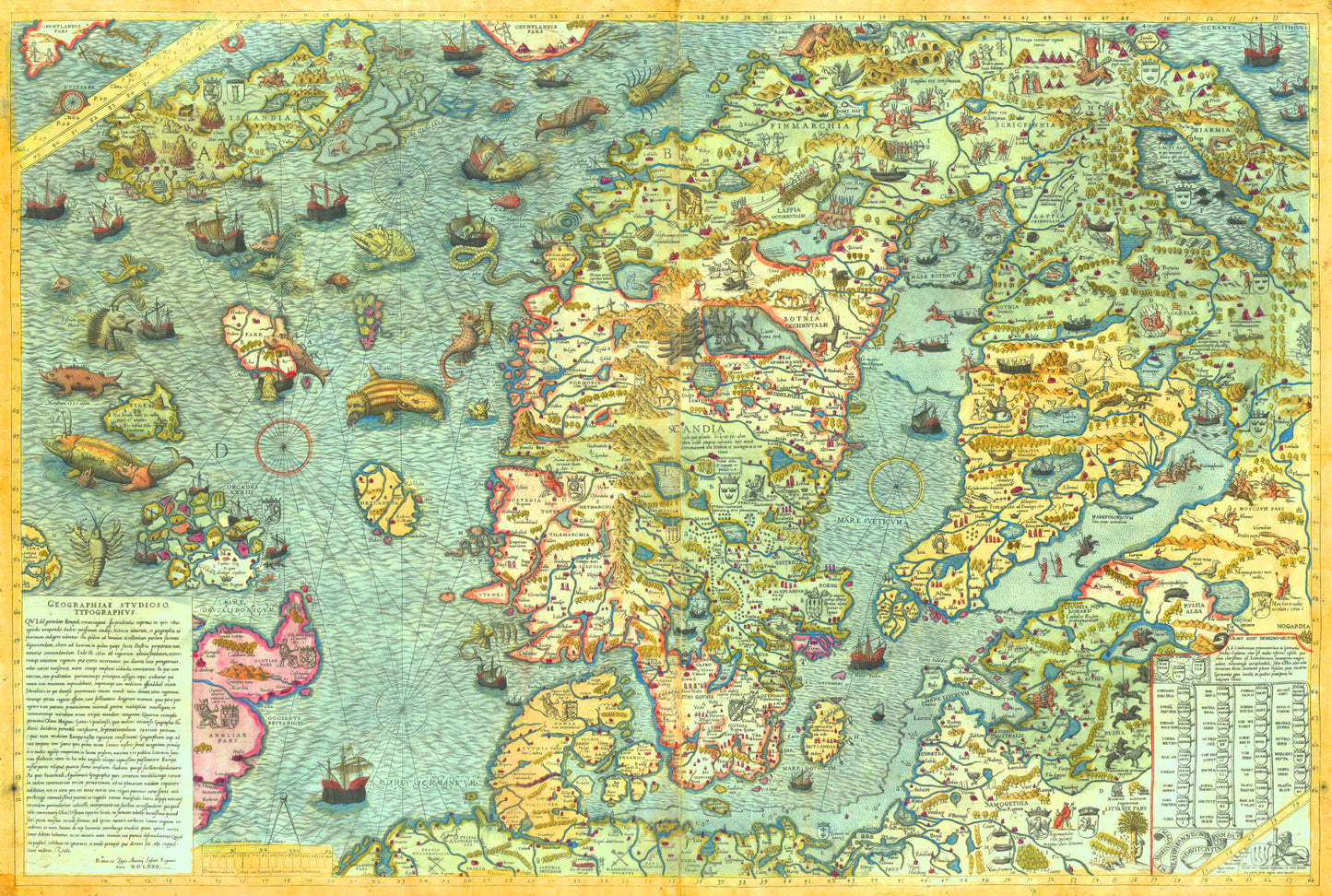 Carta Marina by Olaus Magnus illustrating Northern Europe with mythical sea creatures.