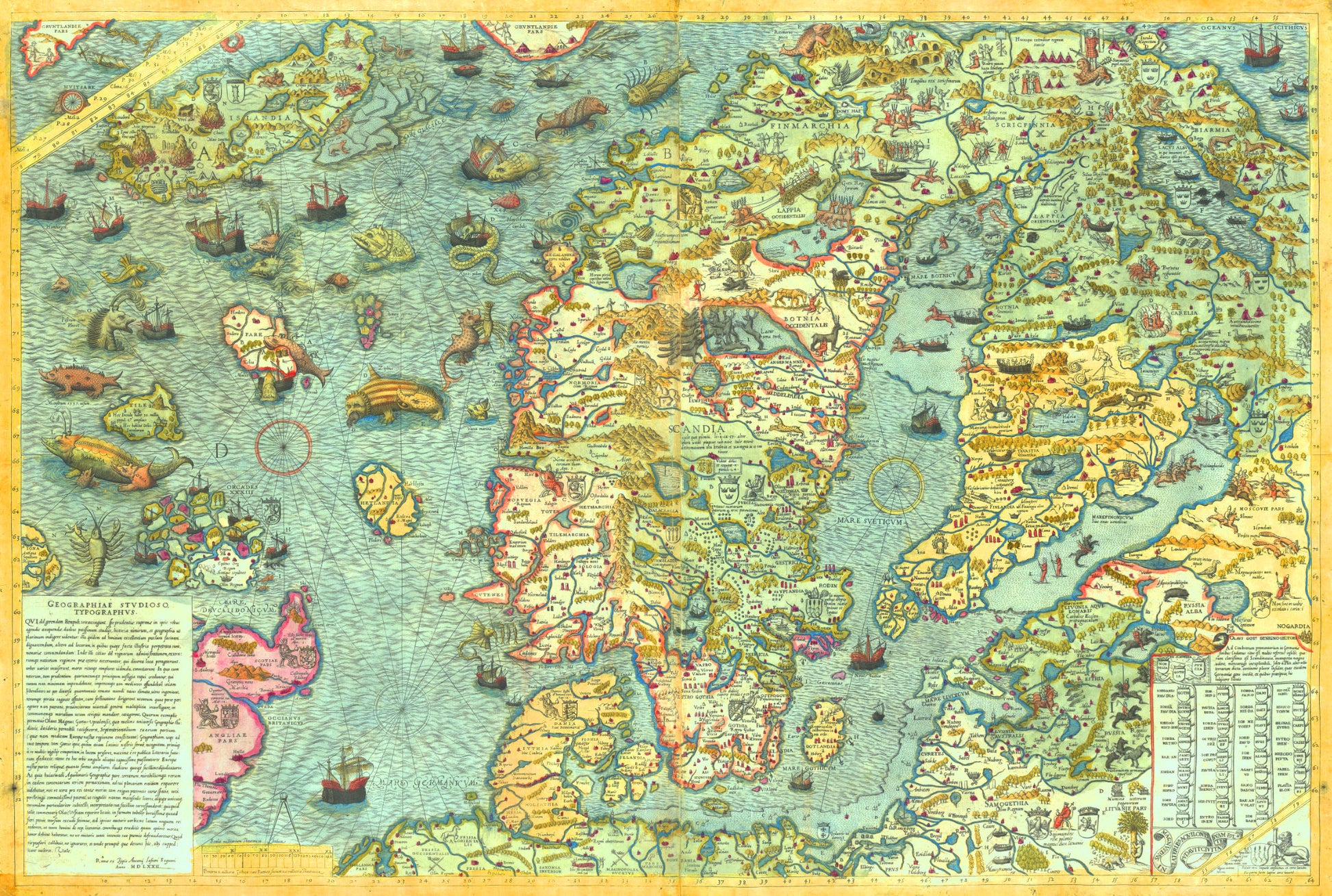 Carta Marina by Olaus Magnus illustrating Northern Europe with mythical sea creatures.