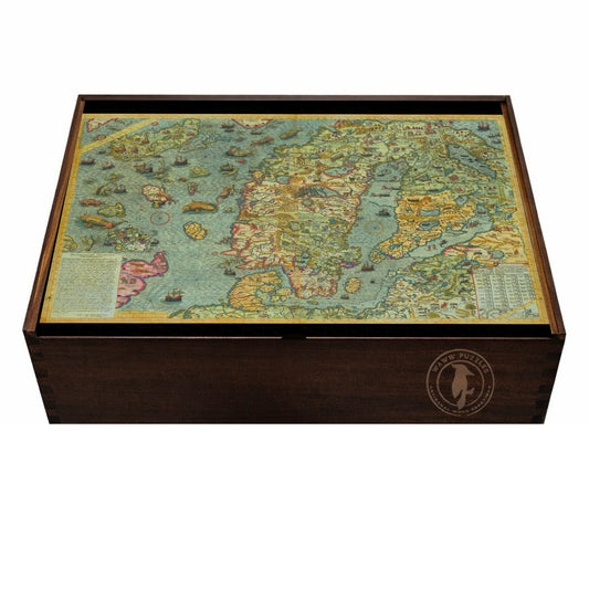 Premium wooden puzzle box featuring Carta Marina's vintage map design of sea monsters and middle earth-like depictions
