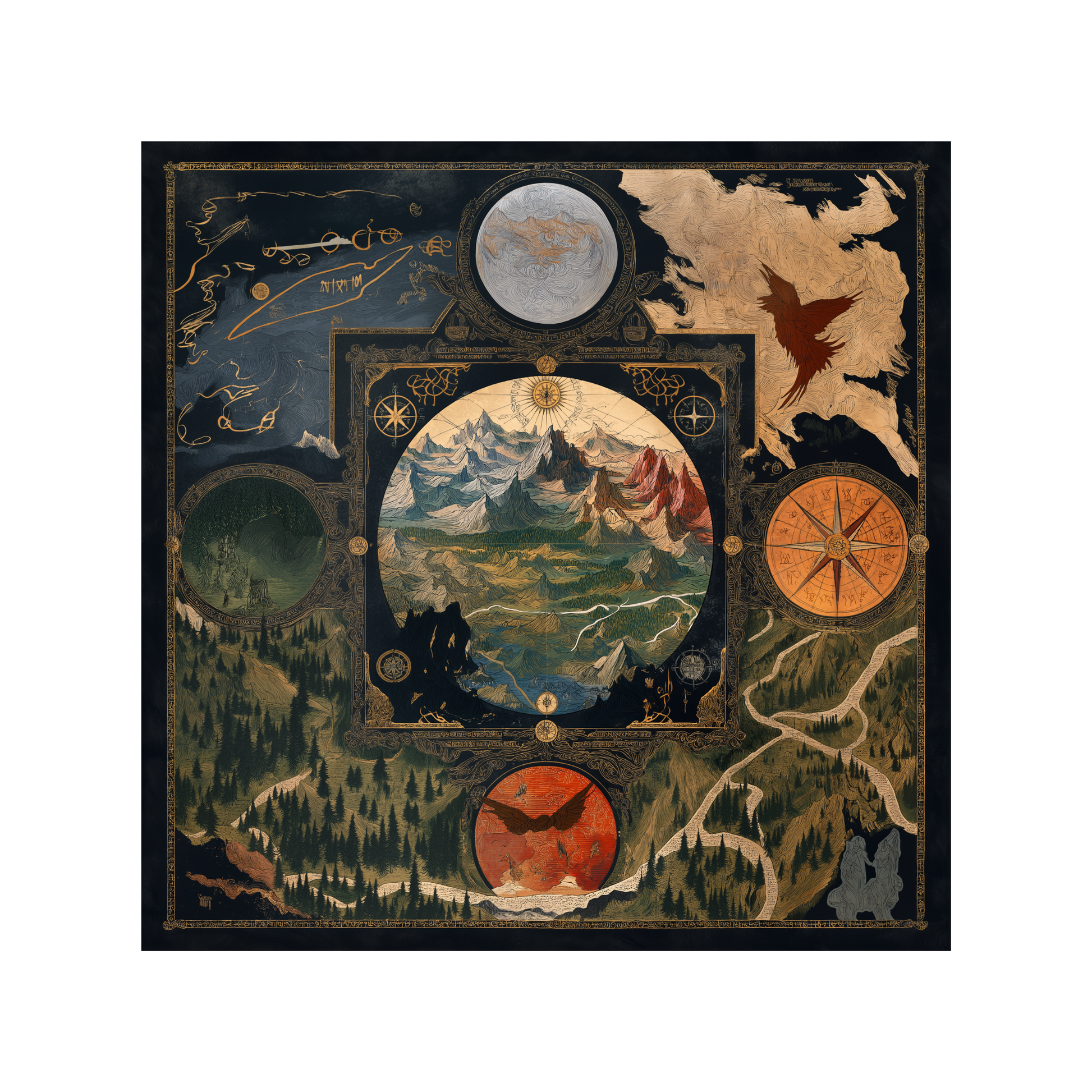Middle-earth fantasy map wooden jigsaw puzzle featuring vintage-style cartography, illustrated landscapes, compass rose, and intricate borders. High-resolution UV-printed design on eco-friendly MDF with a handcrafted finish.