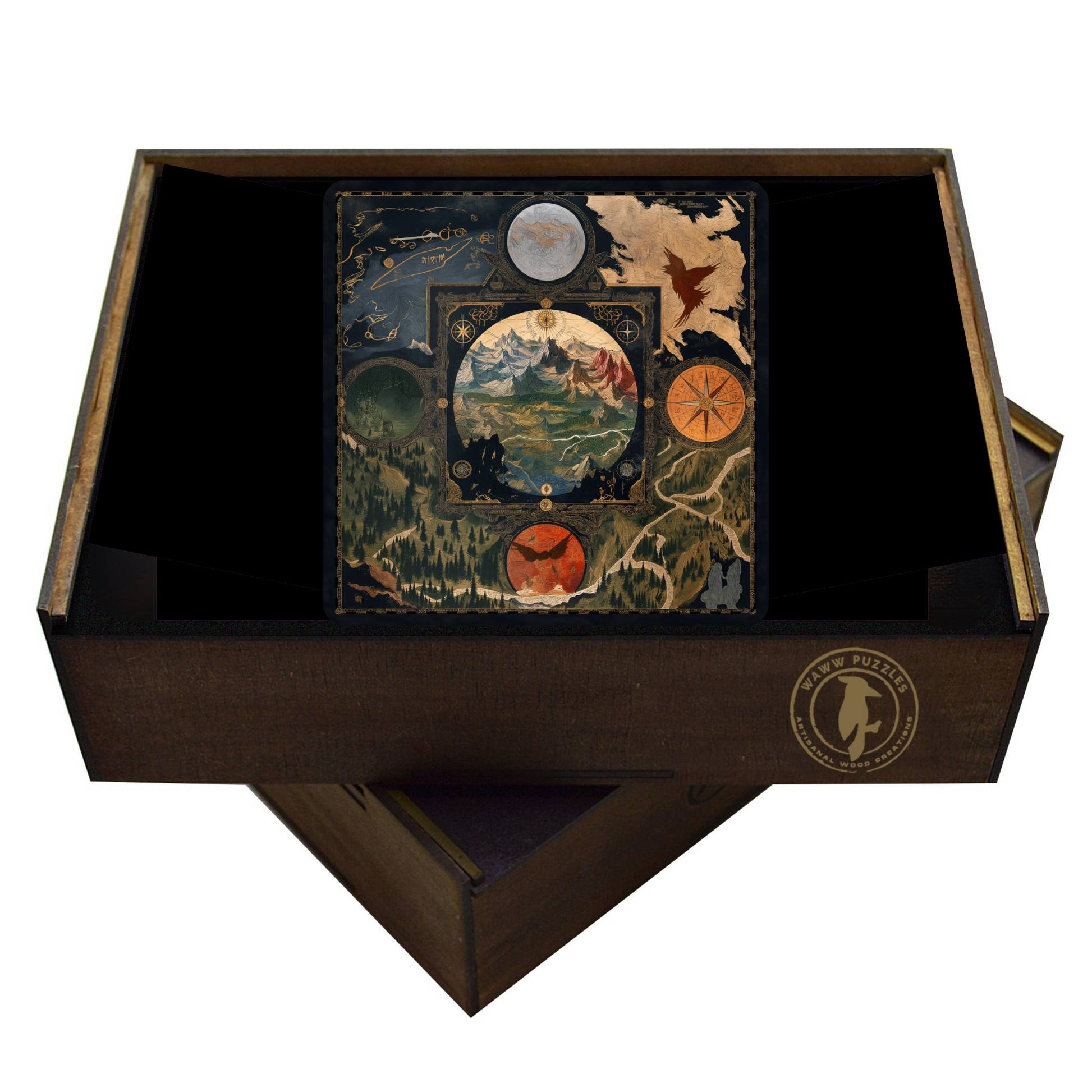 handcrafted Middle-earth fantasy map wooden jigsaw puzzle featuring vintage-style cartography, illustrated landscapes, compass rose, and intricate borders. High-resolution UV-printed design on eco-friendly MDF with a handcrafted finish.