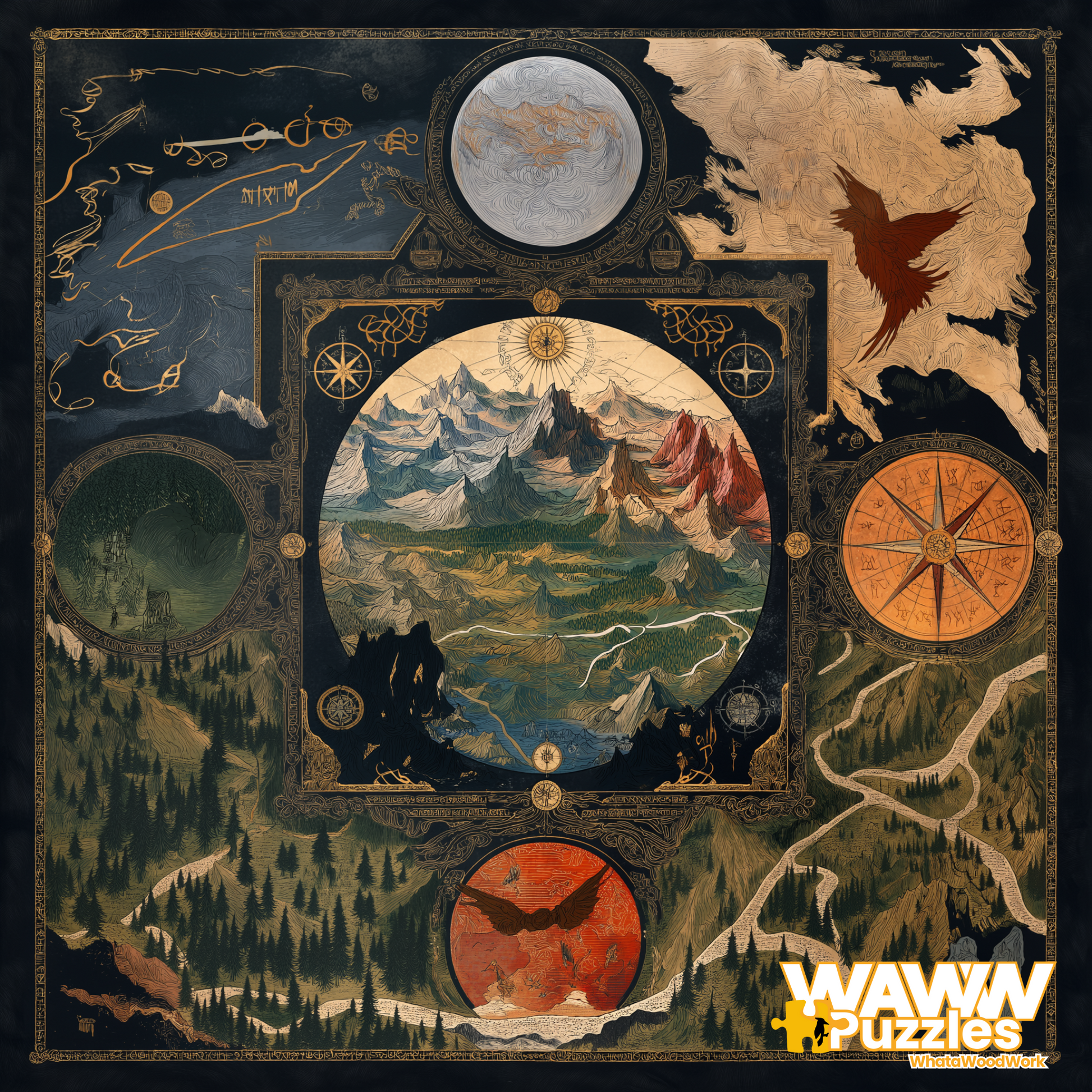 Middle-earth fantasy map wooden jigsaw puzzle featuring vintage-style cartography, illustrated landscapes, compass rose, and intricate borders. High-resolution UV-printed design on eco-friendly MDF with a handcrafted finish.