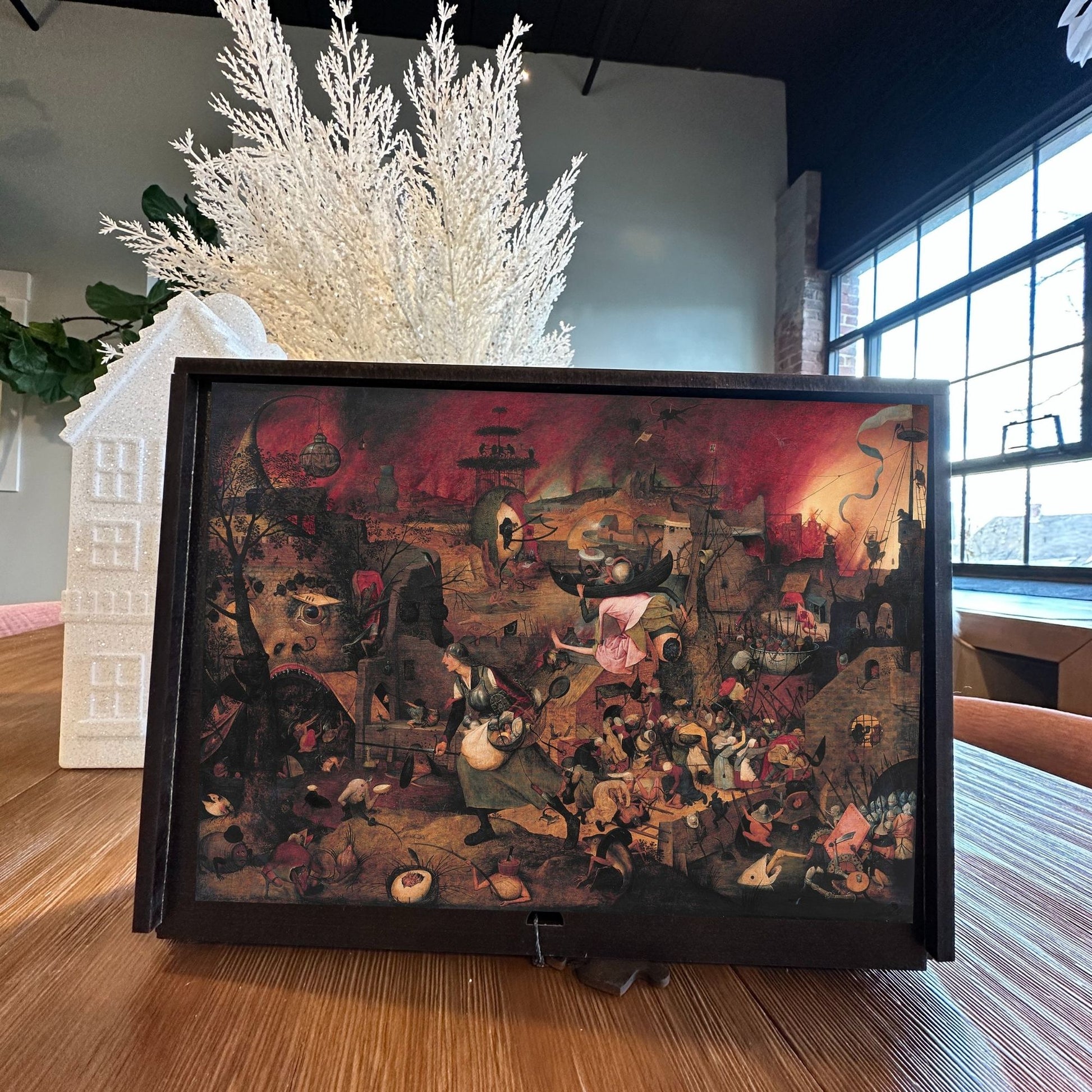 Wooden jigsaw puzzle of Bruegel's 'Mad Meg (Dulle Griet)' - fantastical 1563 Flemish allegory with folkloric figure storming Hell