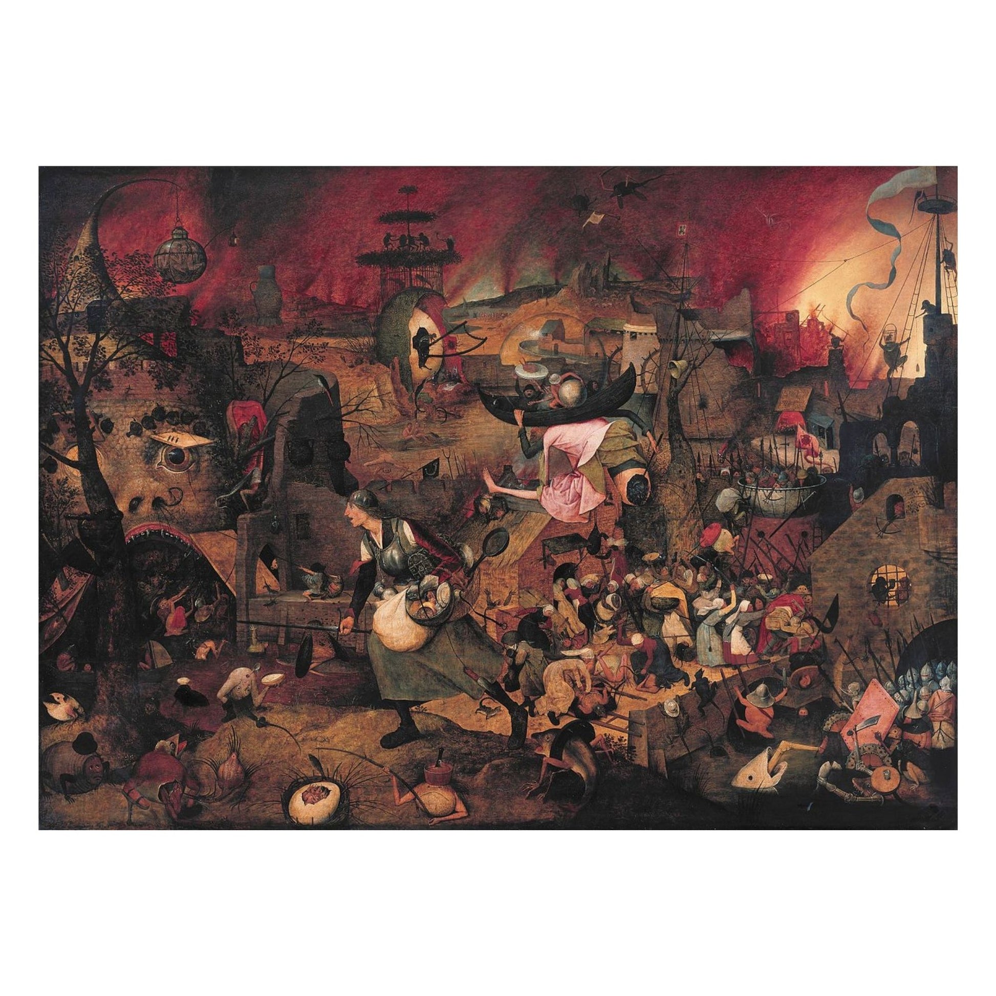 Wooden jigsaw puzzle of Bruegel's 'Mad Meg (Dulle Griet)' - fantastical 1563 Flemish allegory with folkloric figure storming Hell