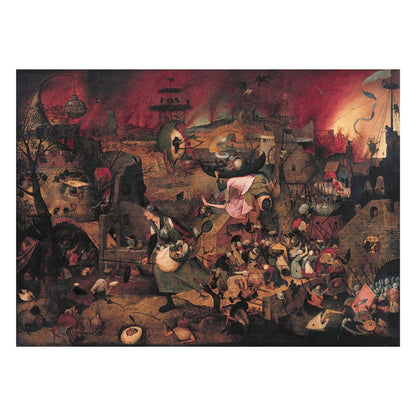 Wooden jigsaw puzzle of Bruegel's 'Mad Meg (Dulle Griet)' - fantastical 1563 Flemish allegory with folkloric figure storming Hell
