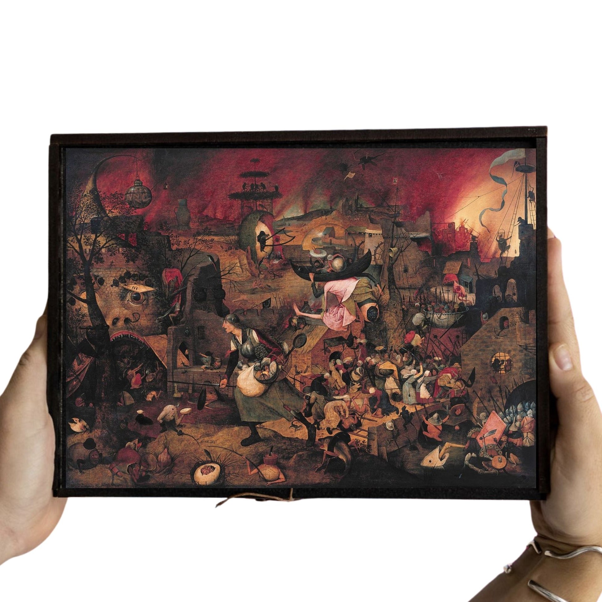 Wooden jigsaw puzzle of Bruegel's 'Mad Meg (Dulle Griet)' - fantastical 1563 Flemish allegory with folkloric figure storming Hell