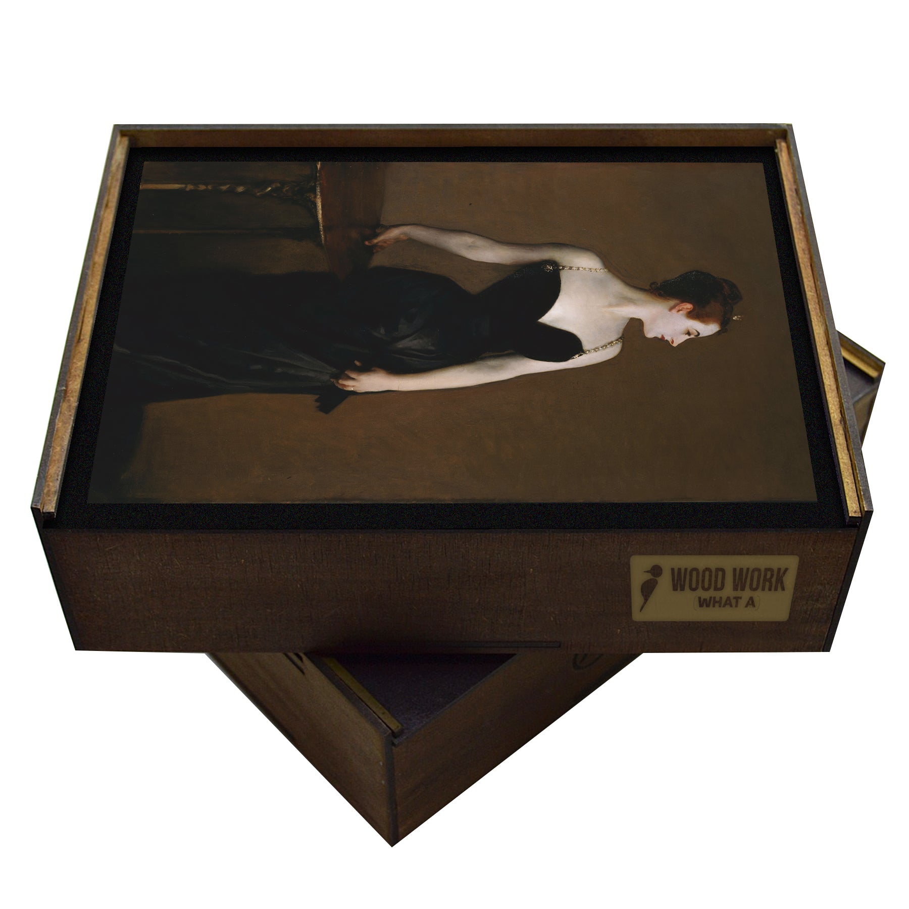 Elegant wooden jigsaw puzzle featuring John Singer Sargent’s Madame X, crafted with eco-friendly materials. A refined challenge for art lovers and collectors, available in multiple sizes.