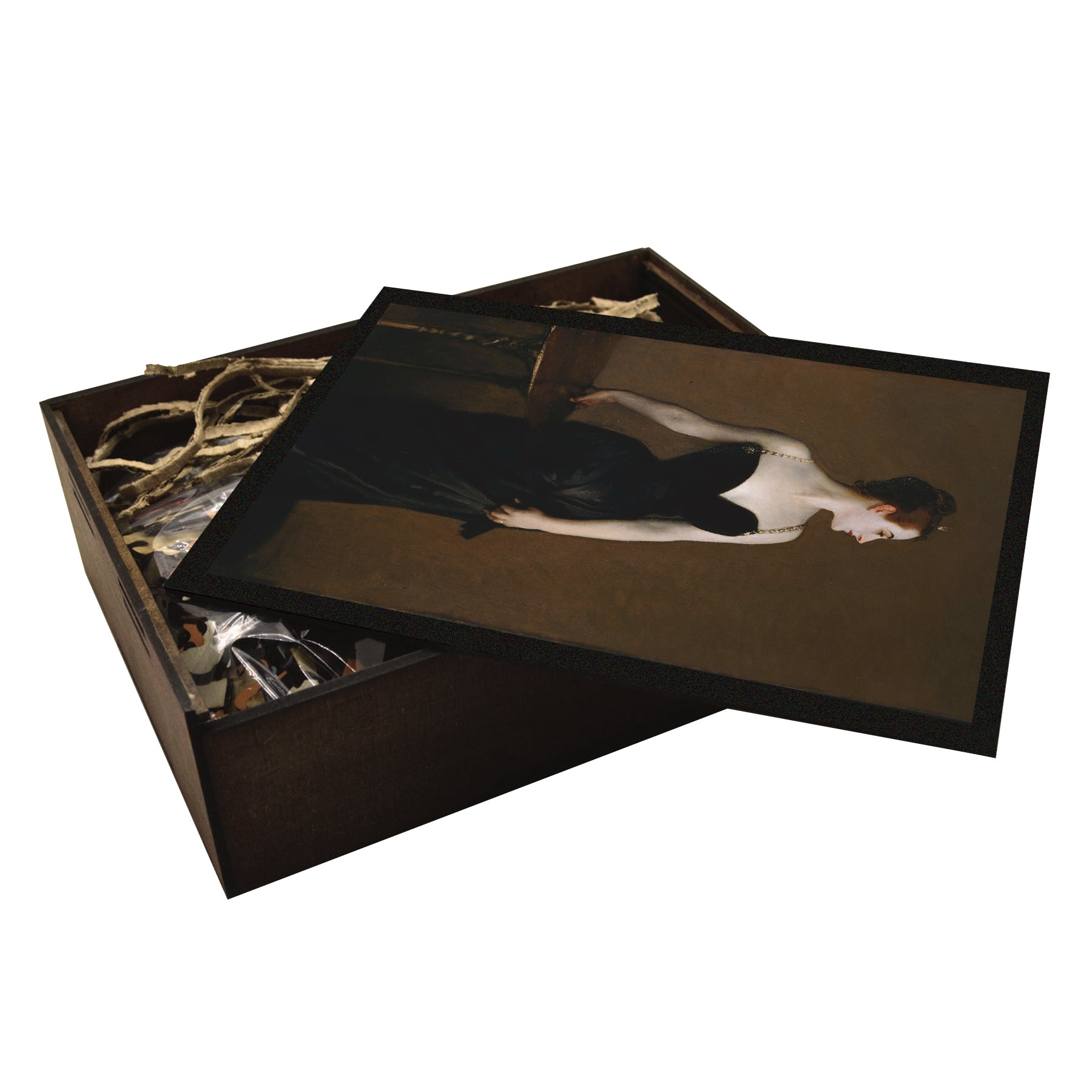 Elegant wooden jigsaw puzzle featuring John Singer Sargent’s Madame X, crafted with eco-friendly materials. A refined challenge for art lovers and collectors, available in multiple sizes.