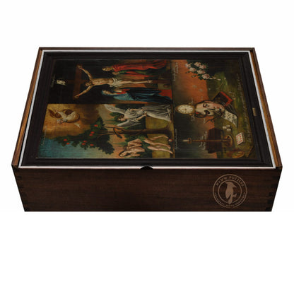 Artisanal wooden puzzle box showcasing Memento mori artwork and Baroque themes